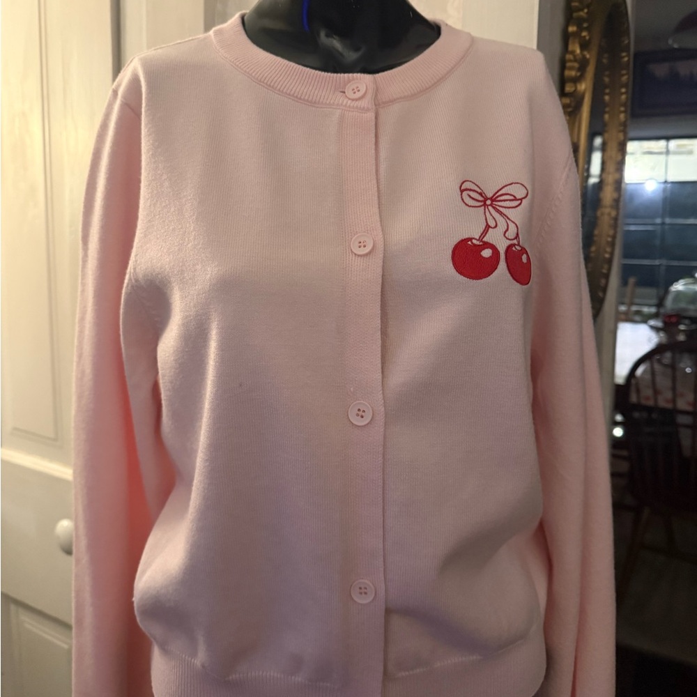 NWT Y2K Arden B Baby Pink Embroidered Cherry Cherries Cardigan Sweater Large